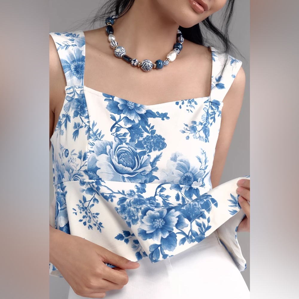 Anthropologie Maeve Square-Neck Peplum Tank Top// Blue Pattern - Picture 4 of 11